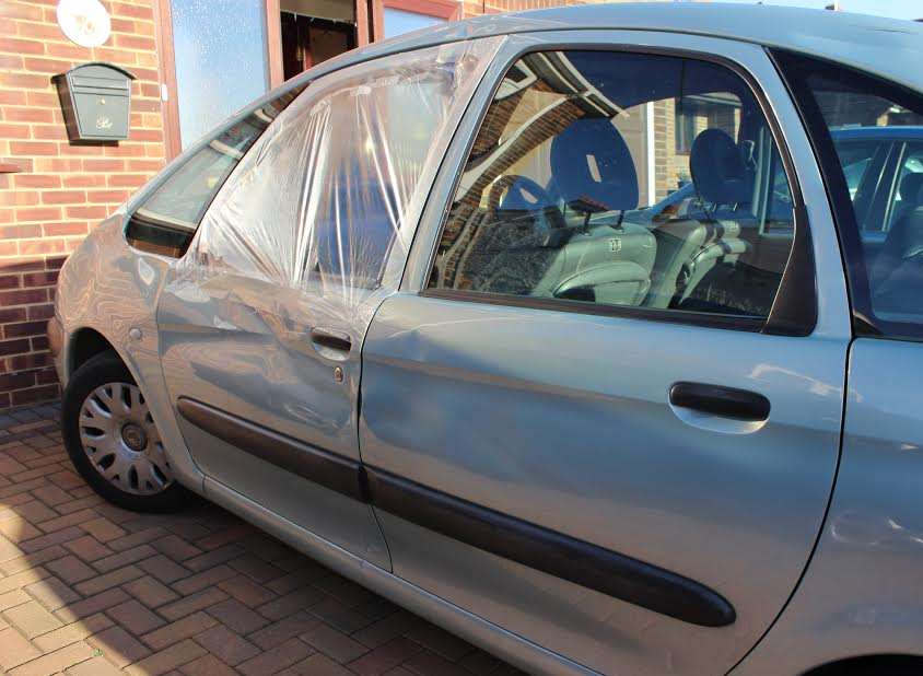 The damage done to Linda Bicknell's car after the horse smashed into it