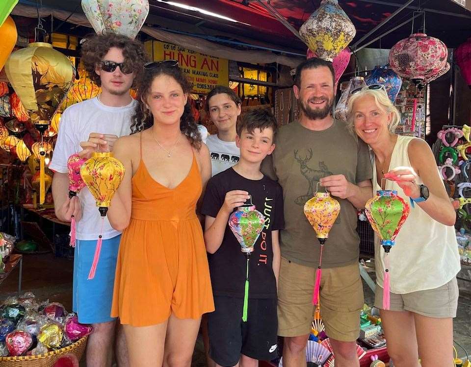 From left: Brother Matthew, sister Charlotte, family friend Noeni Austin, Oliver, dad Jeremy and mum Ruth. Picture: Ruth Hoy