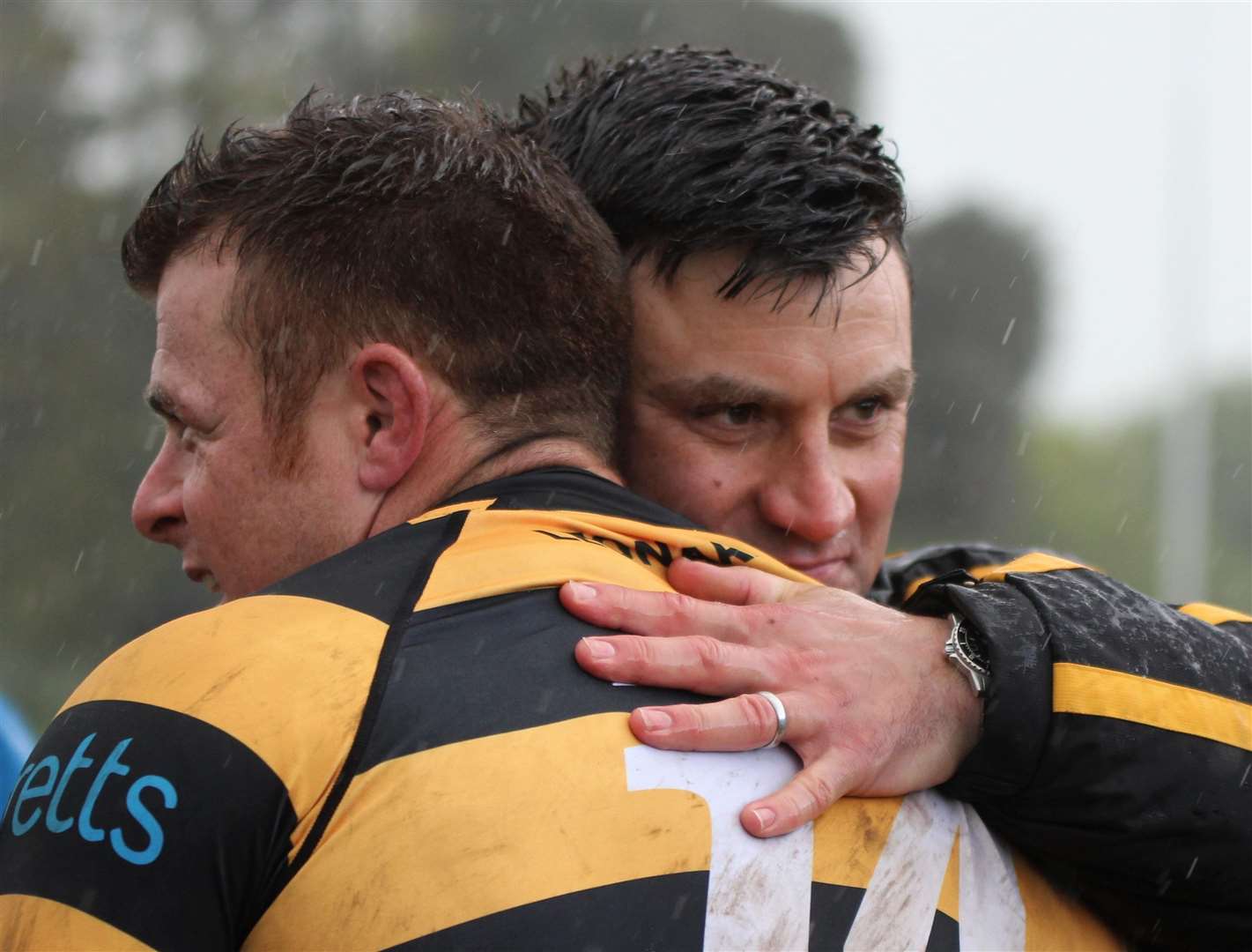 Canterbury's head of rugby Andy Pratt celebrates the play-off win over Chester with Ricky Mackintosh Picture: Phillipa Hilton