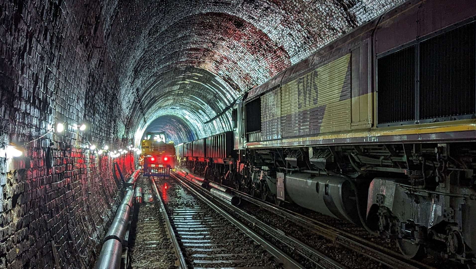 Machinery and a maintenance train at work inside the 401-yard Selling tunnel