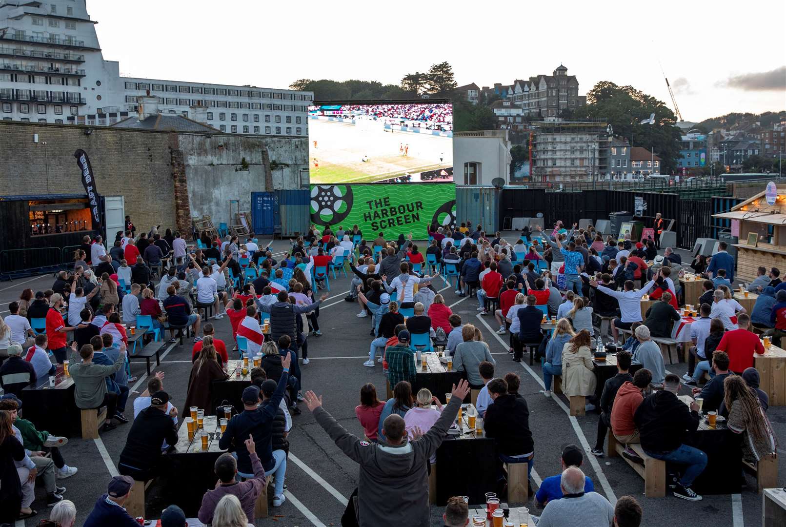 England fans watching the Euro 2020 semi final match between England and Denmark at the Folkestone Harbour Arm. Picture: Andy Aitchison/Folkestone Harbour Arm