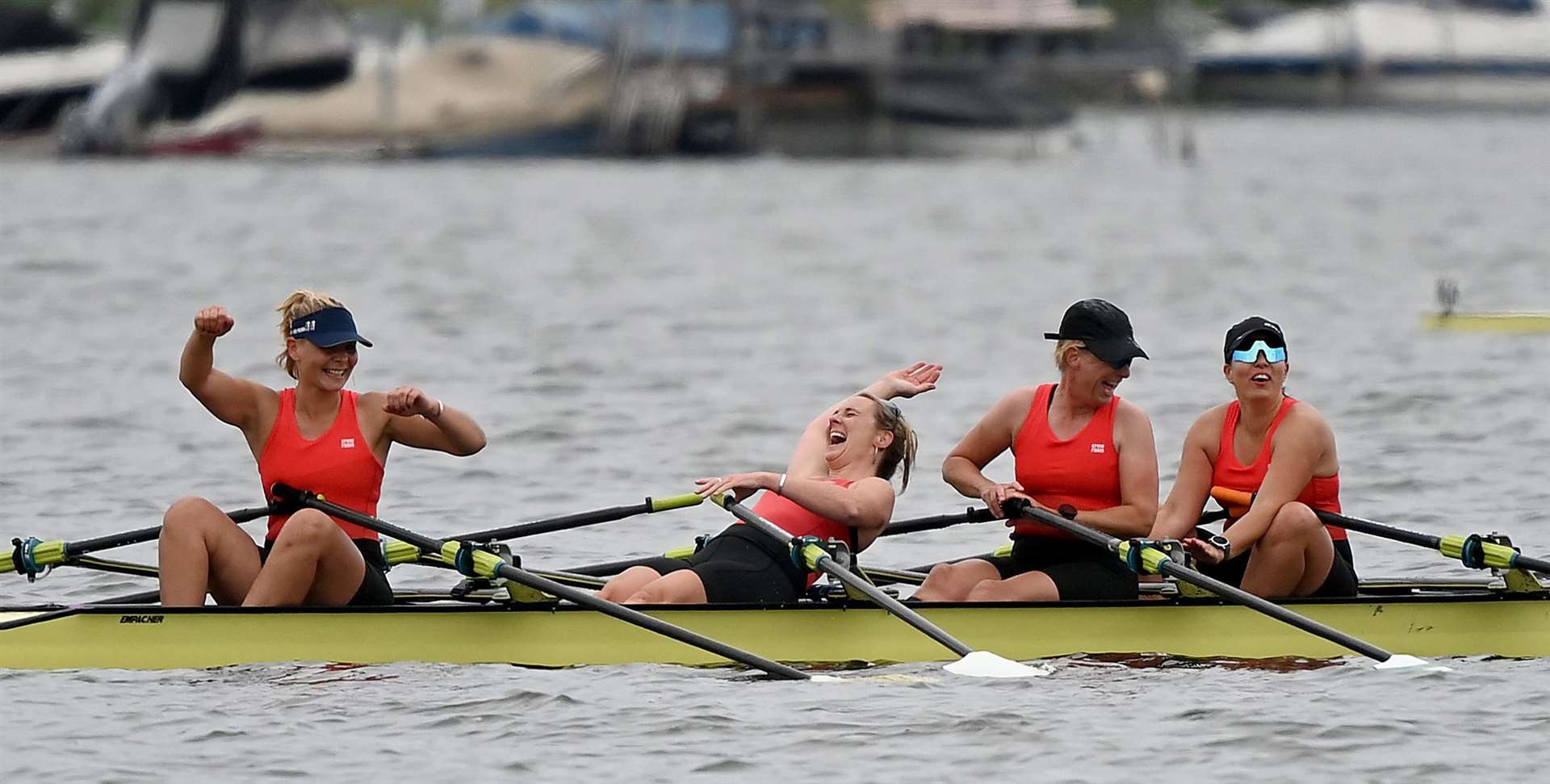 Celebrating a hard-fought victory in the Women’s Masters C Quadruple Sculls, from left, Mika Rosenfeld, Louise Allen, Andrea Fiene and Leonora Gaspar. Picture: MeinRuderbild