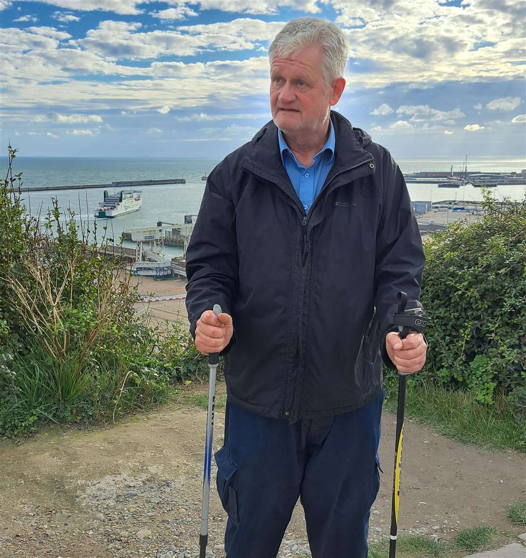 Reporter Sam Lennon with Nordic poles ready for hillwalking on the White Cliffs of Dover