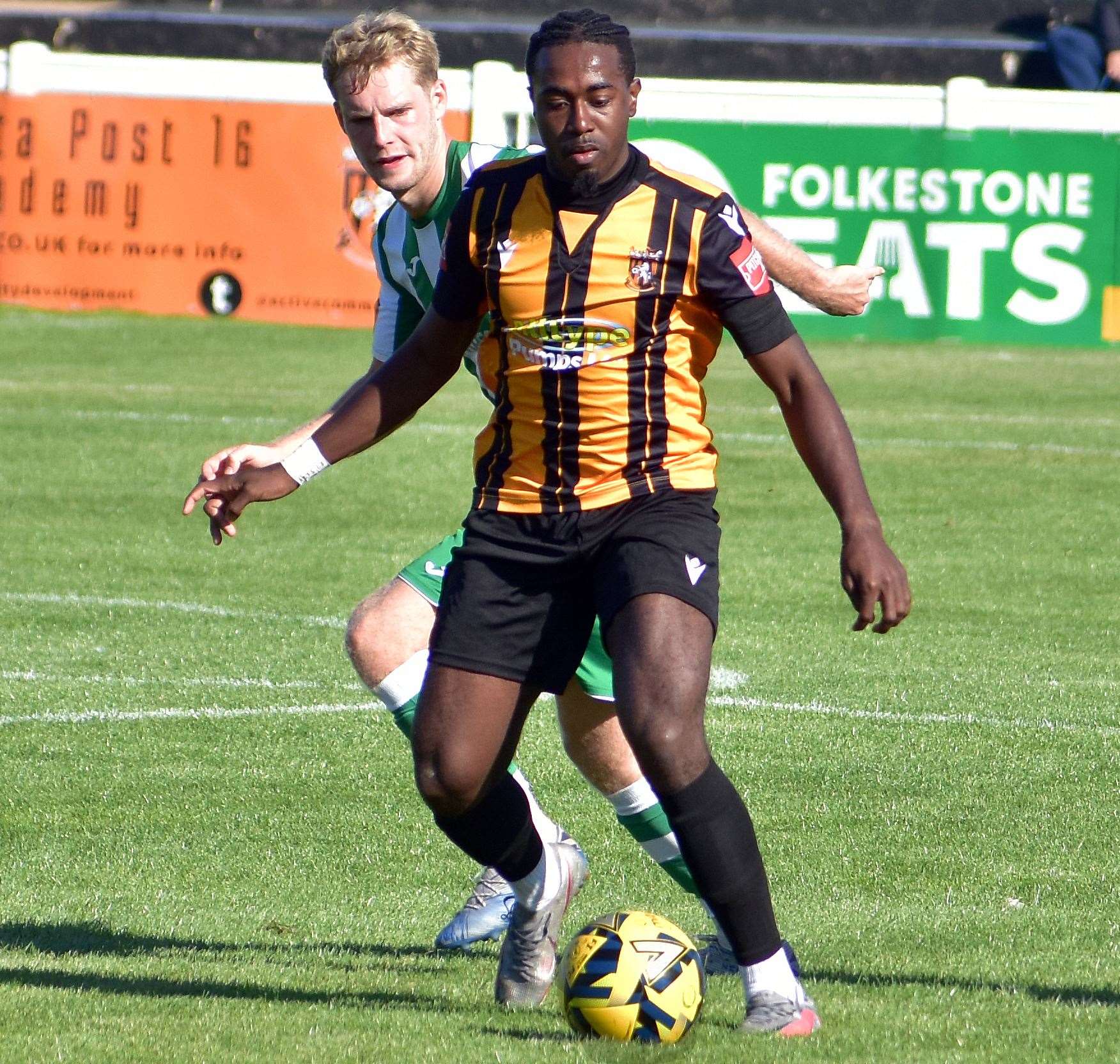 Ira Jackson in possession for Folkestone Invicta in their FA Cup win over Chichester. Picture: Randolph File