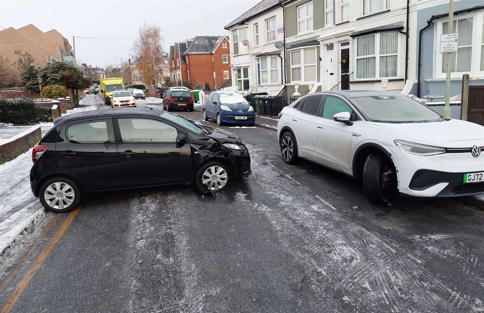 Both cars suffered front-end damage