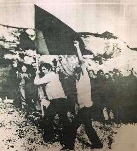 Paul Coe and Cecil Patten hoisting the flag in Dover in 1976. Picture: Waterloo Redfern Community Archive