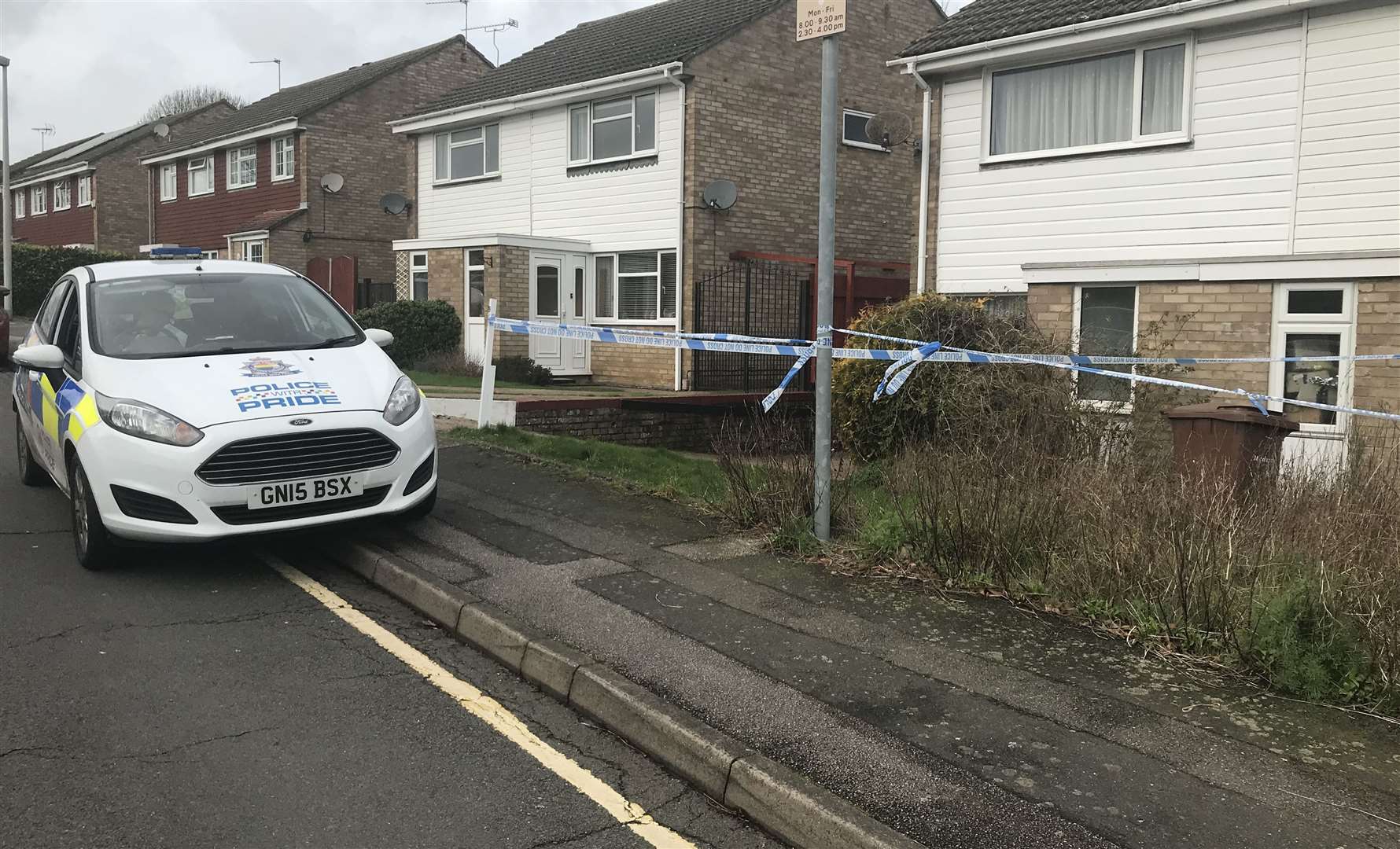 A single police car remains parked outside. Birch Grove, Hempstead, where a body was found