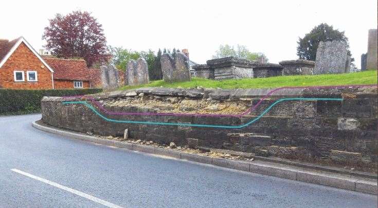 An illustration of the planned lowered levels for the churchyard wall