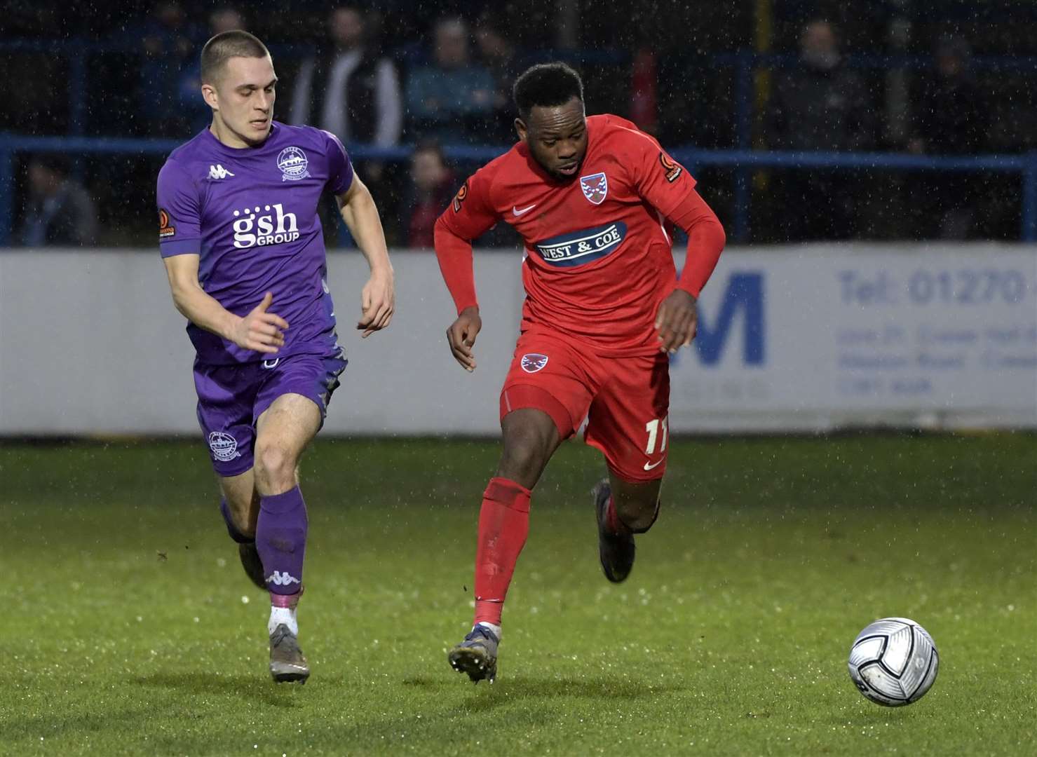 Myles Weston pushes down the wing for Dagenham despite Dover's Noah Carney paying close attention to him. Picture: Barry Goodwin (53955702)