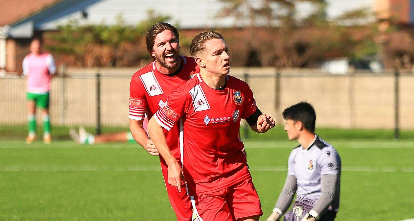 Josh Oliver peels away to celebrate after scoring during Whitstable's 3-2 success over Rusthall. Picture: Les Biggs