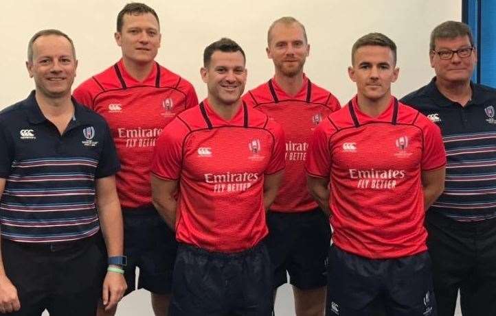 Deal's Matt Carley, second from left, with fellow Rugby World Cup officials in Japan