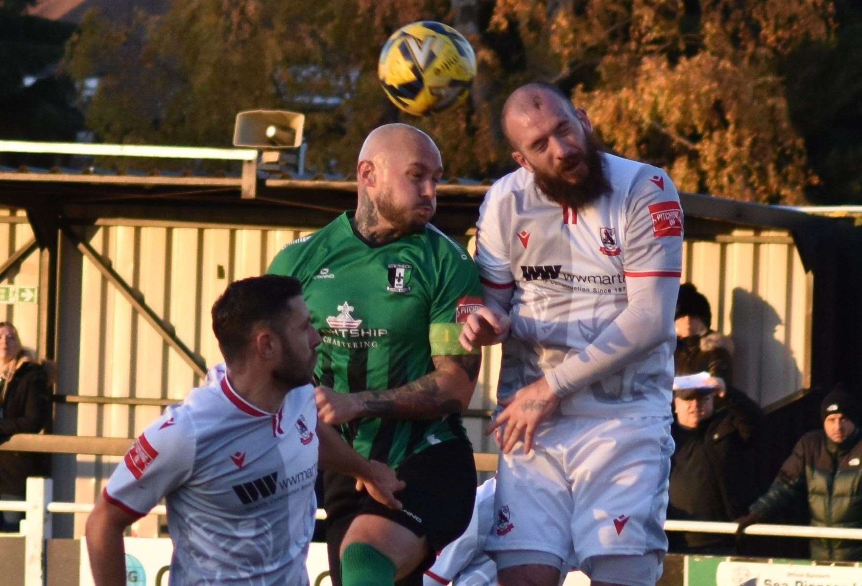 Ramsgate scorer Joe Ellul heads clear a Cray Valley corner. Picture: Alan Coomes