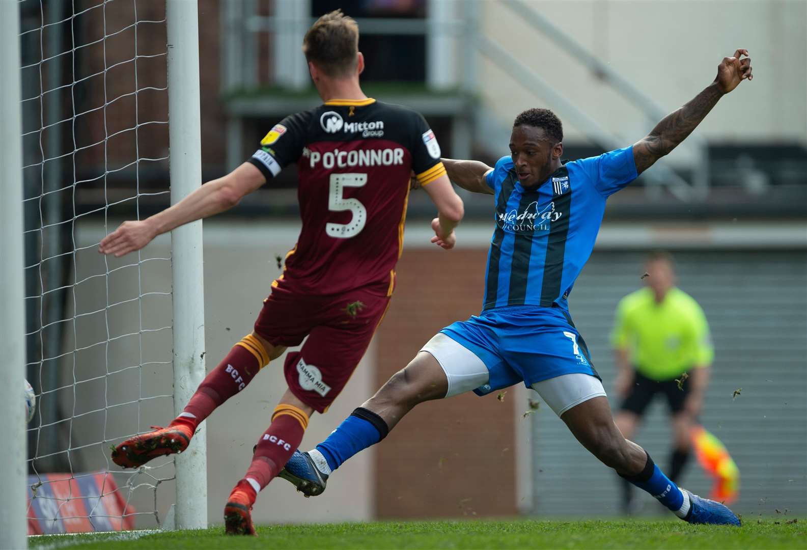 Brandon Hanlan scores Gillingham's equaliser at Bradford Picture: Ady Kerry