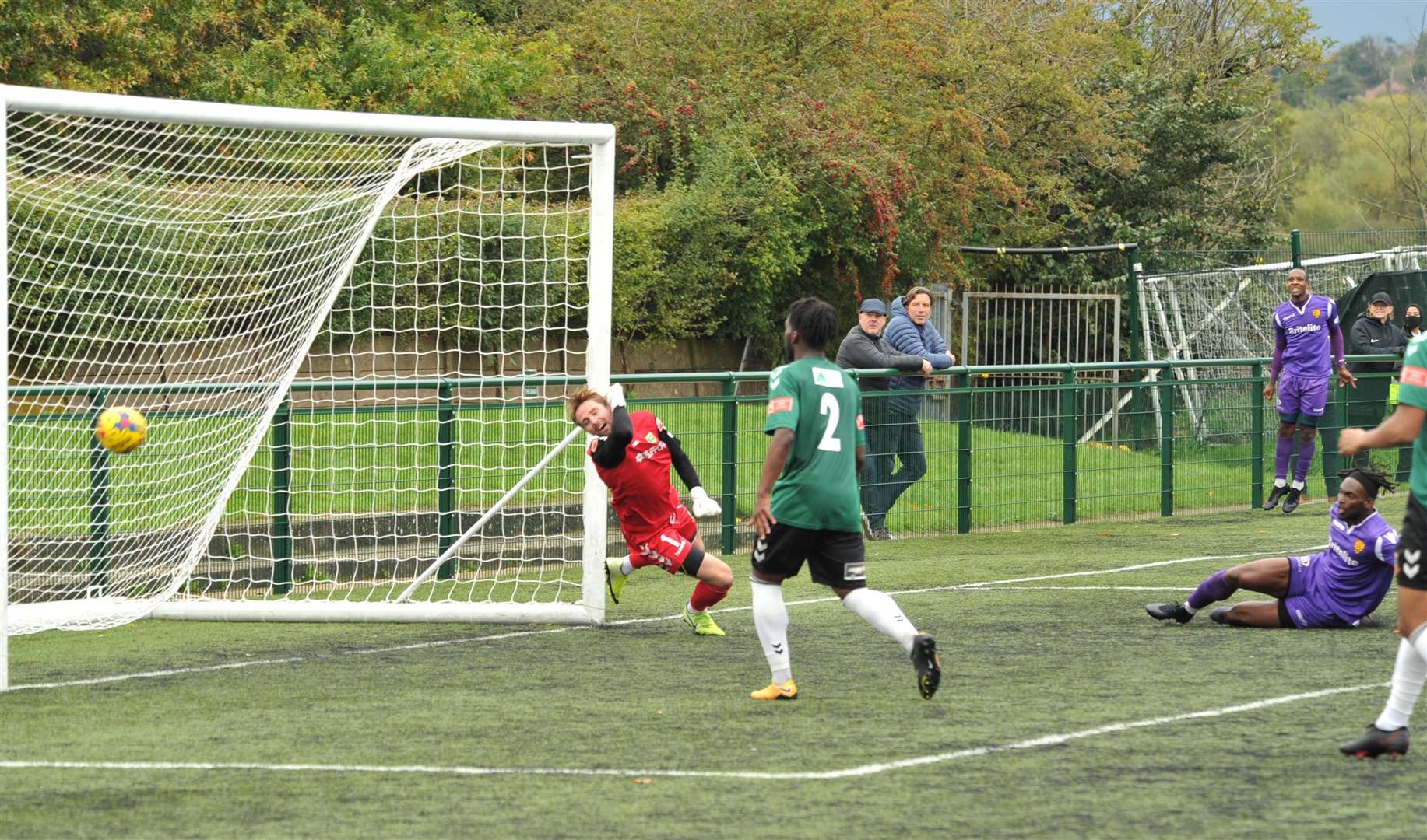 Ibrahim Olutade scores Maidstone's winner in the FA Cup second qualifying round at Hendon Picture: Steve Terrell