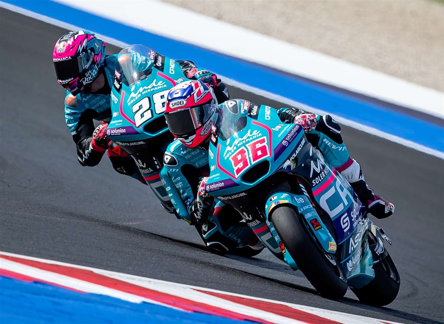 Jake Dixon ahead of his Aspar Team stablemate Izan Guevara in Moto2 free practice. Picture: Michael Wincott Photography