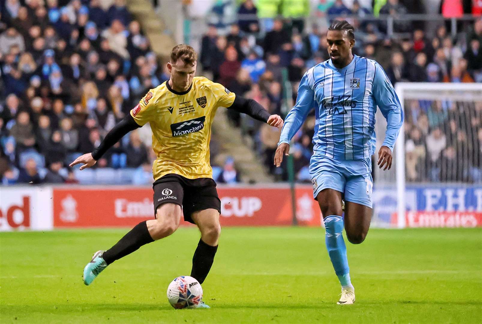 Maidstone’s George Fowler is closed down during Monday’s FA Cup tie at Coventry. Picture: Helen Cooper