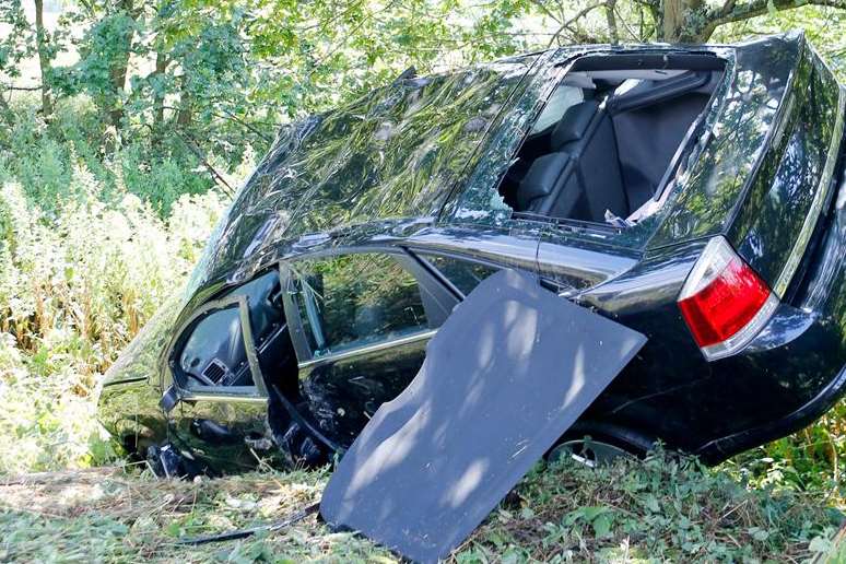 Accident on the A262 near Finchcocks at Goudhurst which closed the road after a car accident brought down a telegraph pole