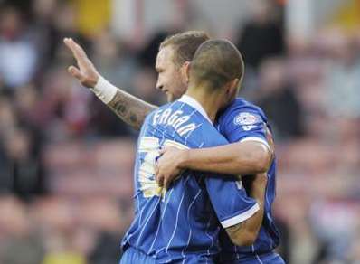 Gillingham striker Danny Kedwell celebrates scoring at Sheffield United. Picture: Barry Goodwin