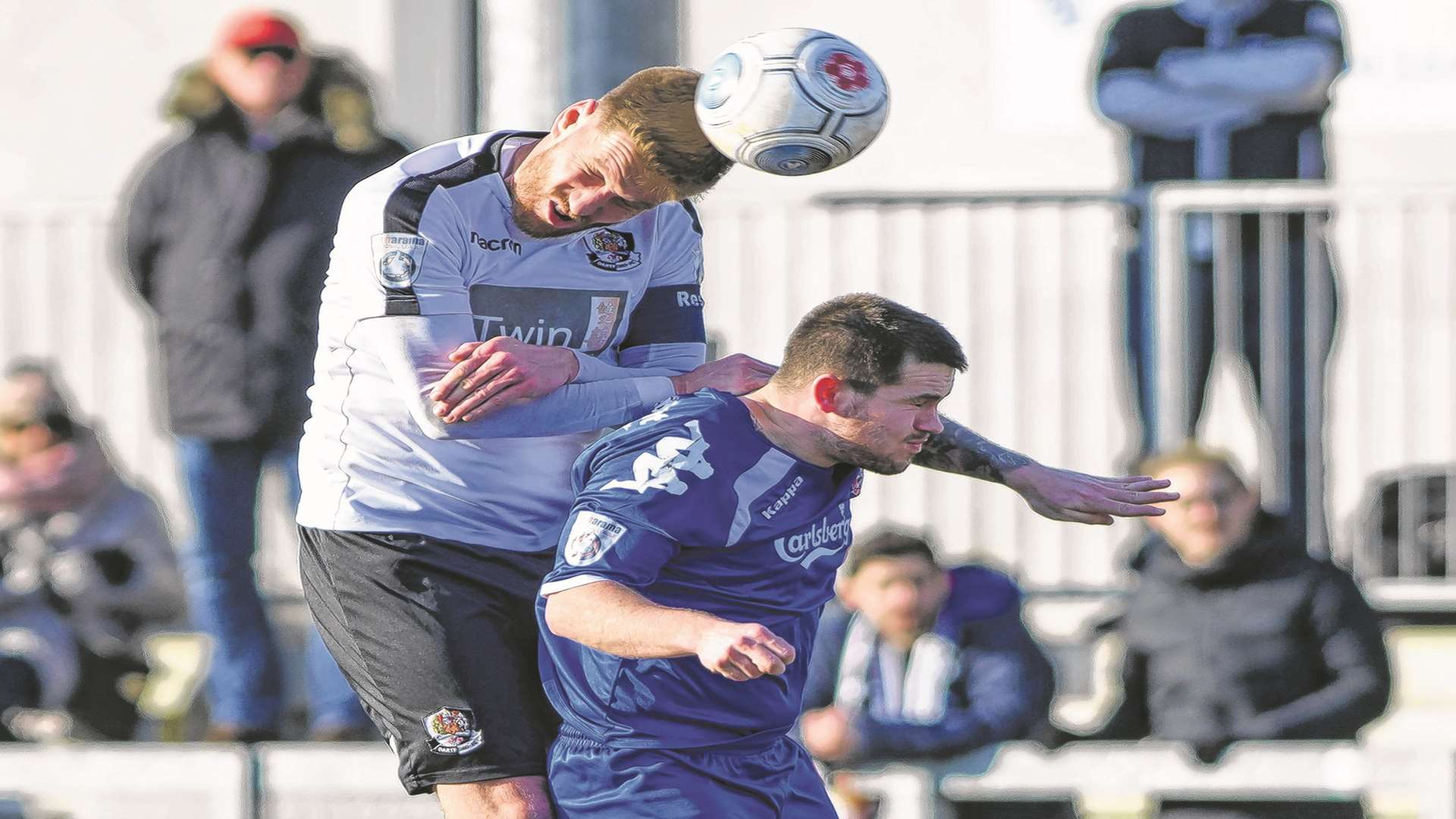 Elliot Bradbrook wins the ball in the air Picture: Andy Payton