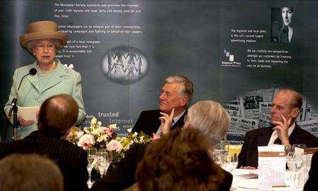 The Newspaper Society Golden Jubilee Luncheon at The Savoy, London in the presence of Her Majesty Queen Elizabeth II with President Edwin Boorman and HRH Prince, Philip, Duke of Edinburgh.