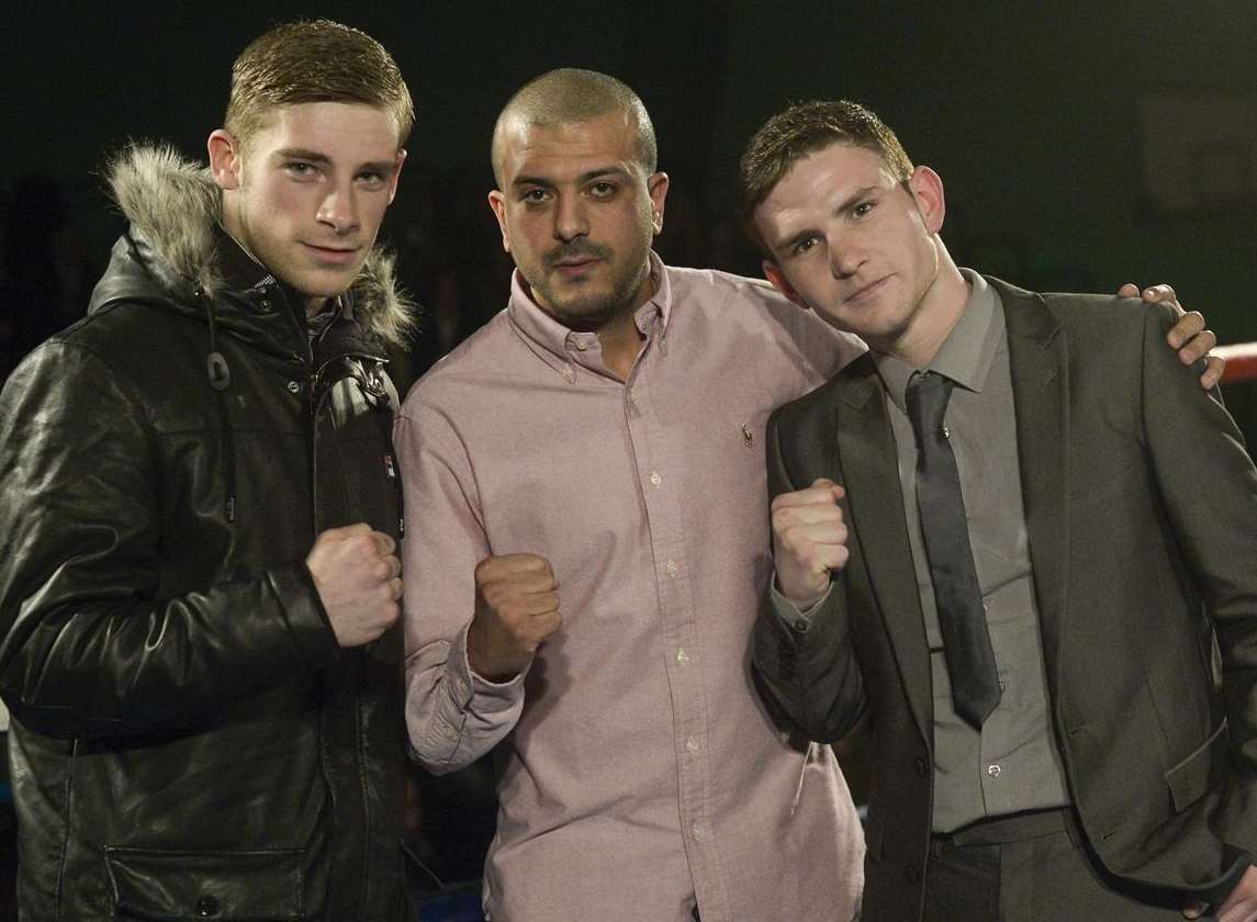 Joe Elfidh, centre, with Margate’s Edward Leach and Maidstone’s Chris Lawrence. Picture: Ady Kerry