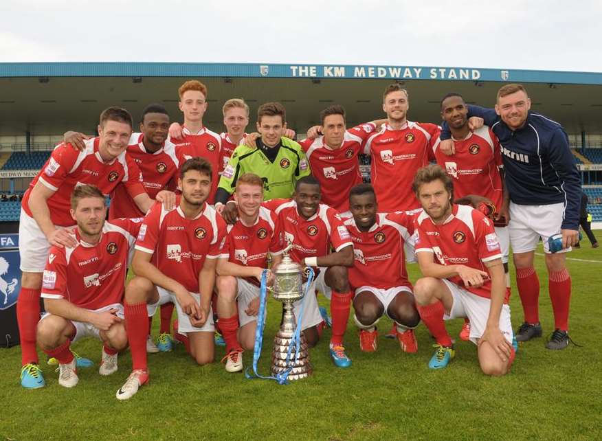 Ebbsfleet United celebrate their Kent Senior Cup win at Priestfield Picture: Steve Crispe