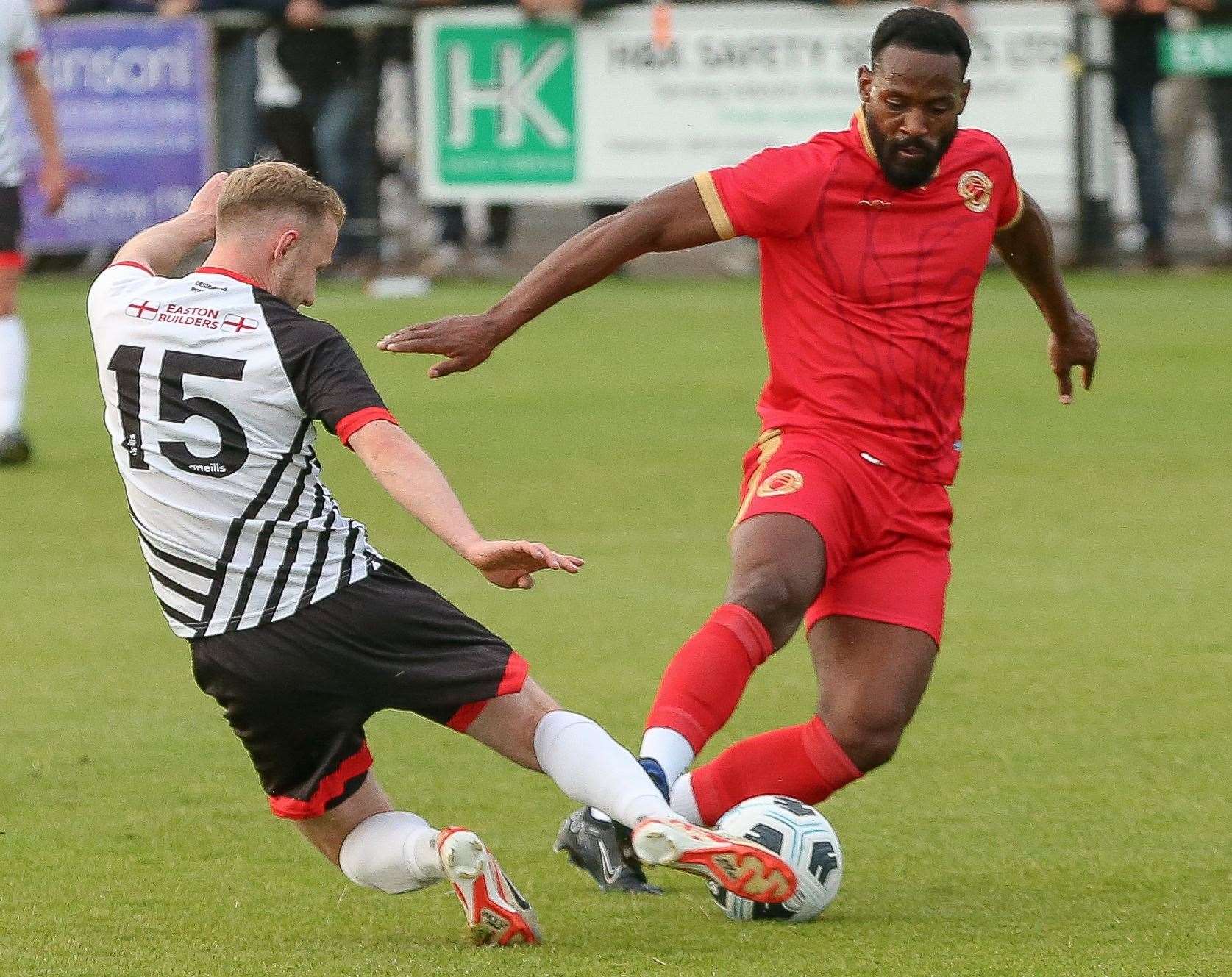 Whitstable striker Jerson Dos Santos on the ball during Tuesday’s friendly at Deal, which they lost 2-1. Picture: Les Biggs