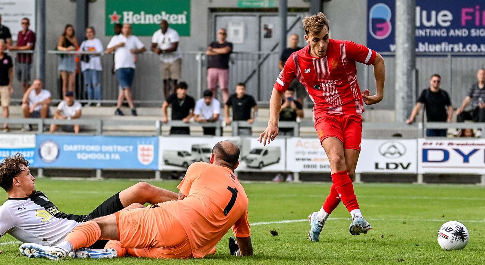 Welling hat-trick hero Antony Papadopoulos slots home his third to knock out neighbours Dartford on Saturday. Picture: Dave Budden