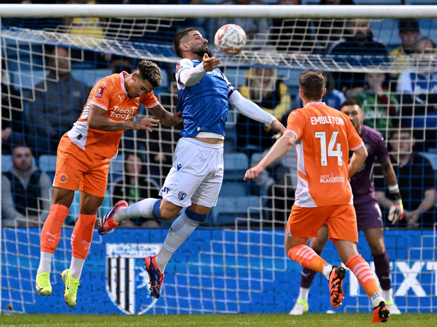 Max Ehmer looks to help Gillingham find a way back into their tie against Blackpool. Picture: Keith Gillard