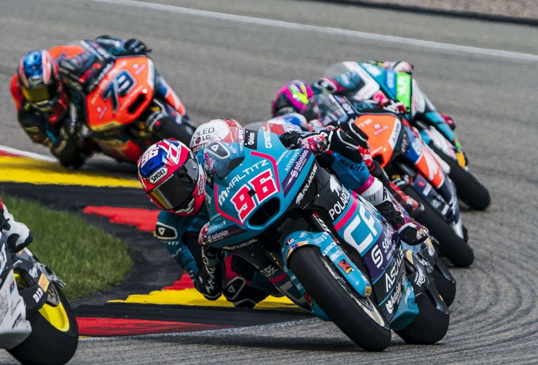 Dover's Aspar Team racer Jake Dixon (No.96) in action at the Sachsenring during the MotoGP Moto2 German Grand Prix. Picture: Aspar Team