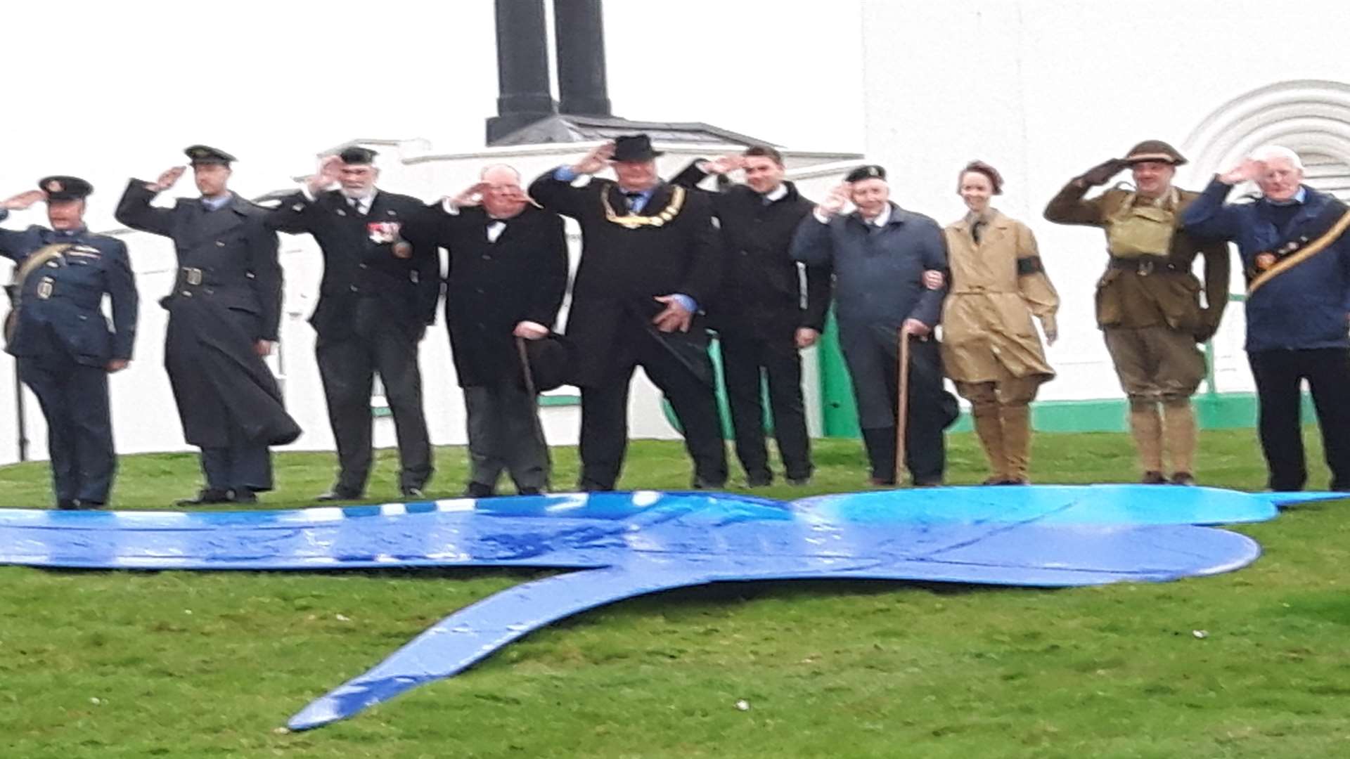 The tribute for Dame Vera Lynn's 100th birthday. The bluebird model could not be put up because of high winds