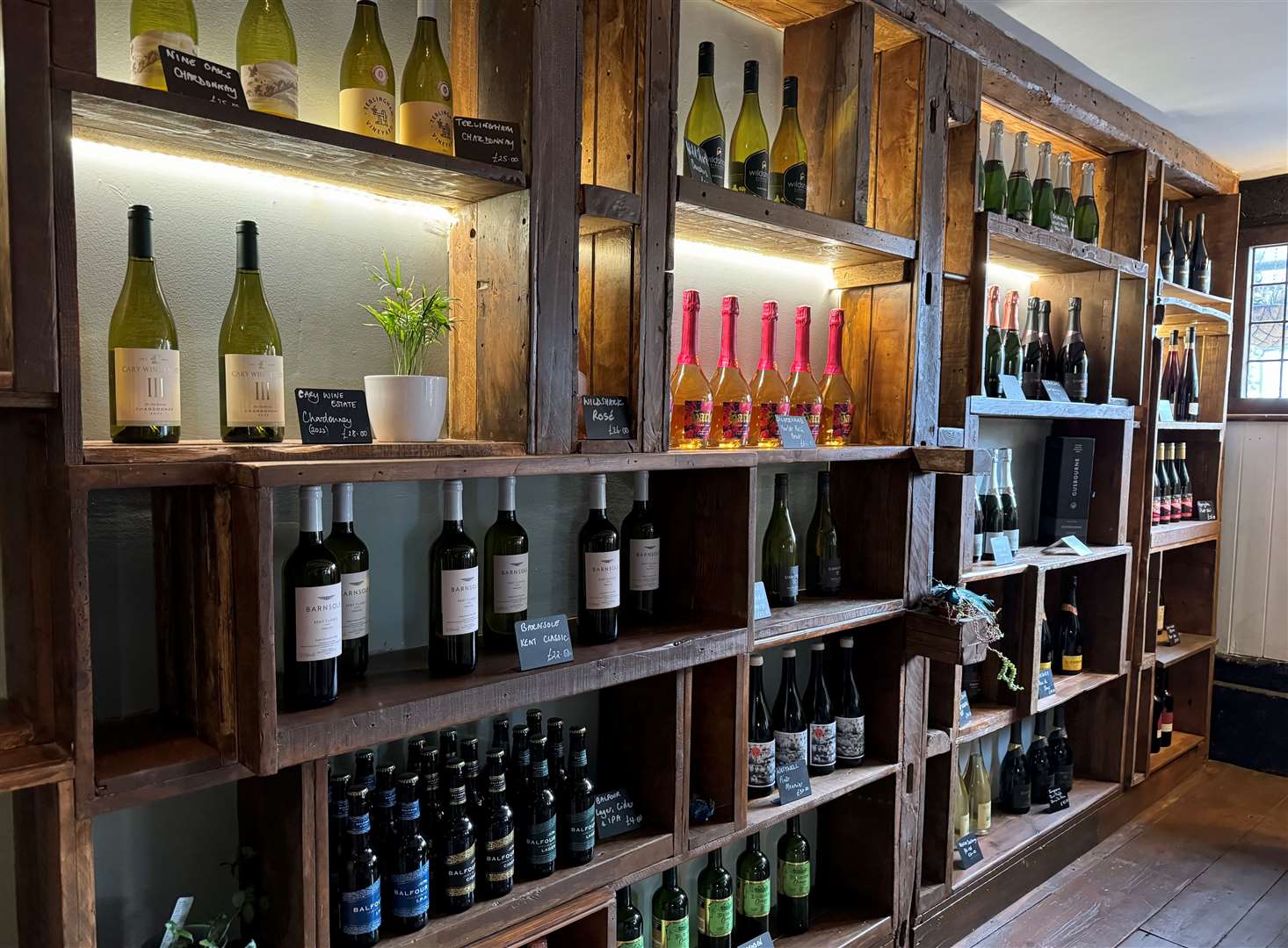 The wine wall at The Tudor Peacock in Chilham