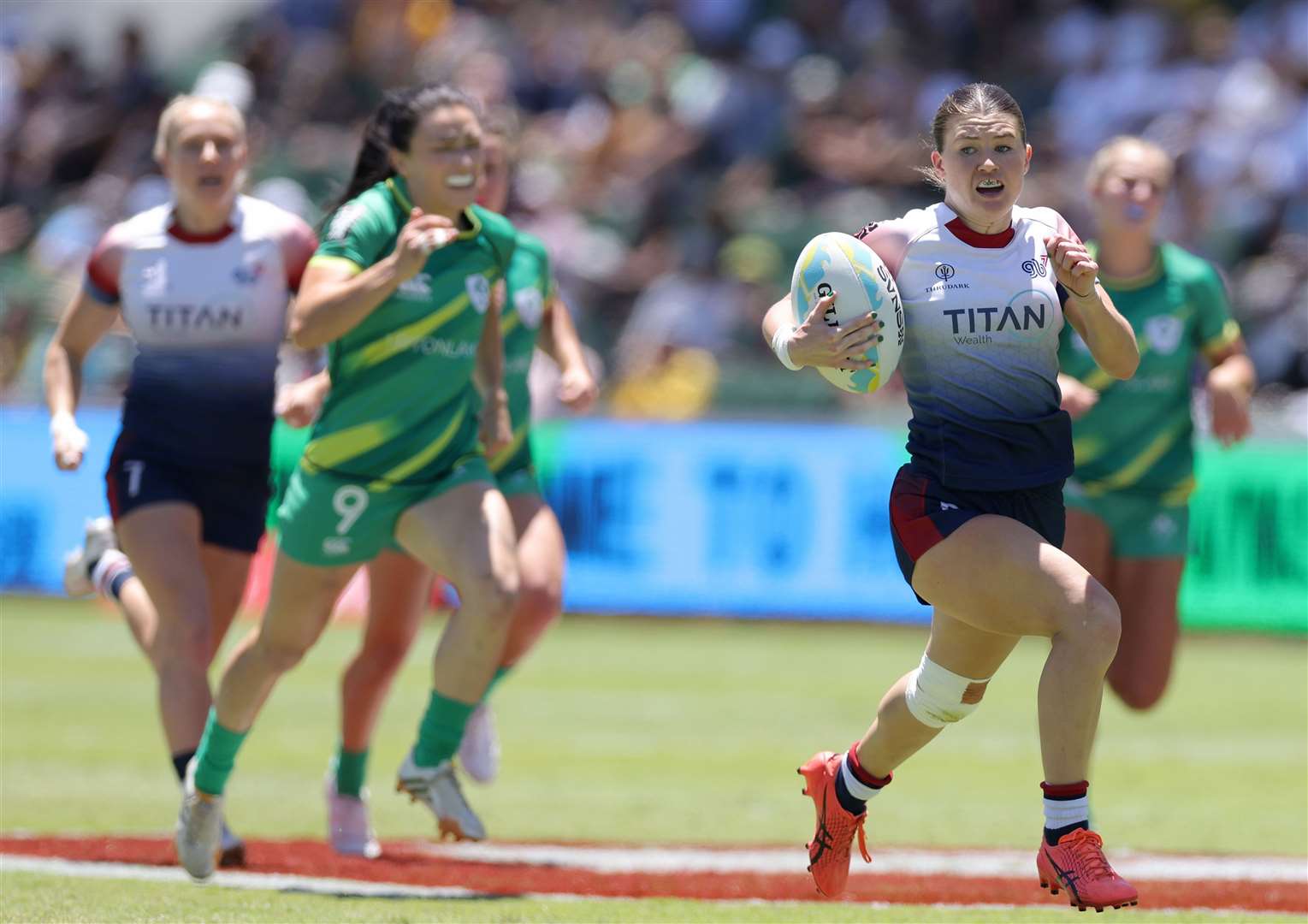 Isla Norman-Bell scores a try during the World ​Rugby Sevens Women’s Cup semi-final between Ireland and Great Britain in January. Picture: Reuters via Beat Media subscription