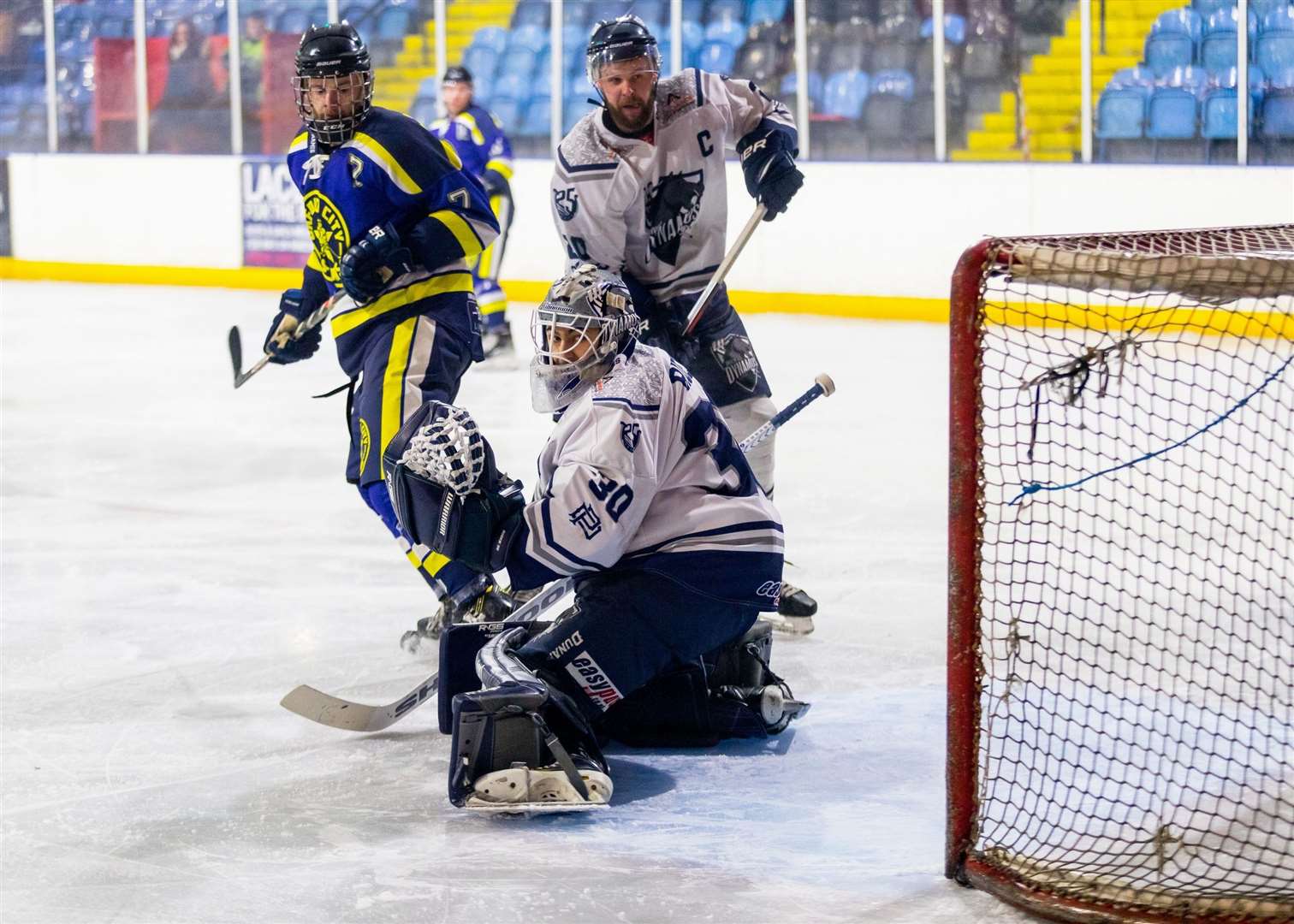 Invicta Dynamos captain Tom Davis looks on as Owen Rider secures his first senior shutout Picture: David Trevallion