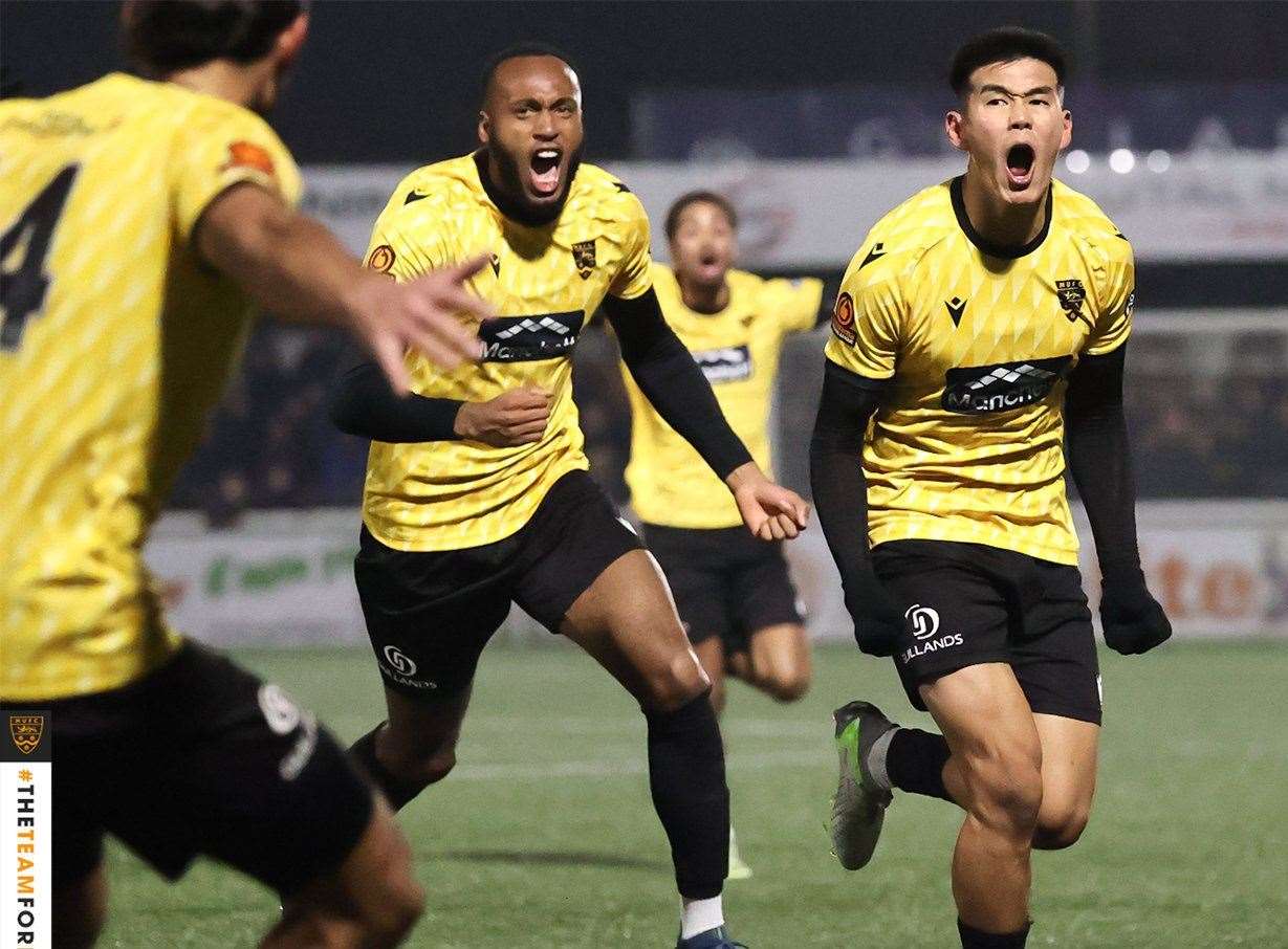 Bivesh Gurung celebrates his winning goal against Barrow. Picture: Helen Cooper