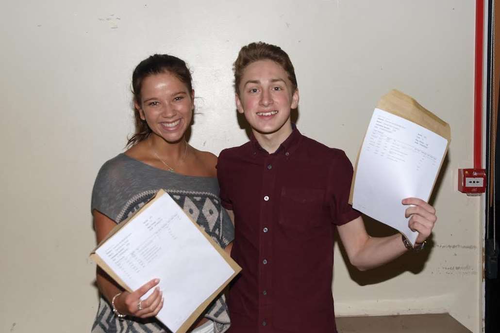 Meopham School pupils Gabriella Hicks and Ashley Cousins celebrate getting their A-level results.