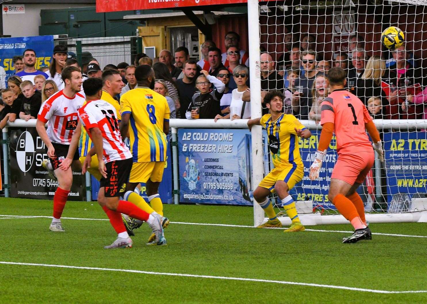 Josh Wisson heads in Sheppey's second goal against Sittingbourne in the FA Trophy. Picture: Marc Richards