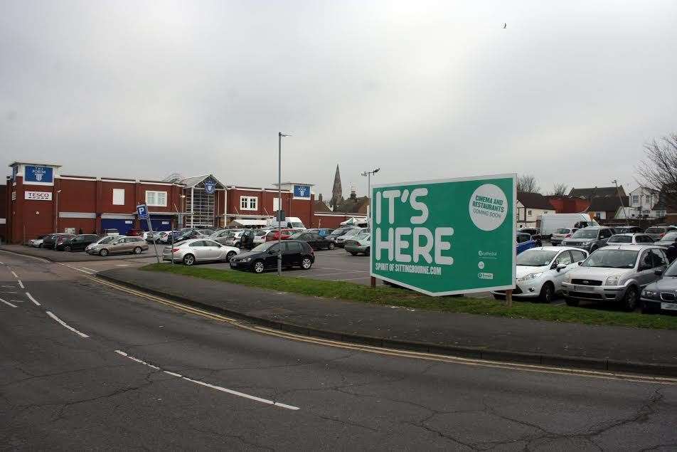 Spirit of Sittingbourne announces its arrival in the town in 2015 with a board outside The Forum shopping centre car park advertising the cinema and restaurants