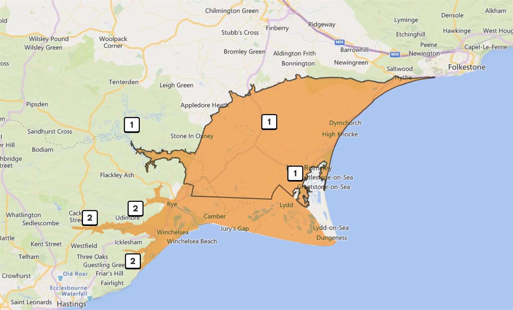 The flood warning for Lydd and surrounding areas on October 19, 2024