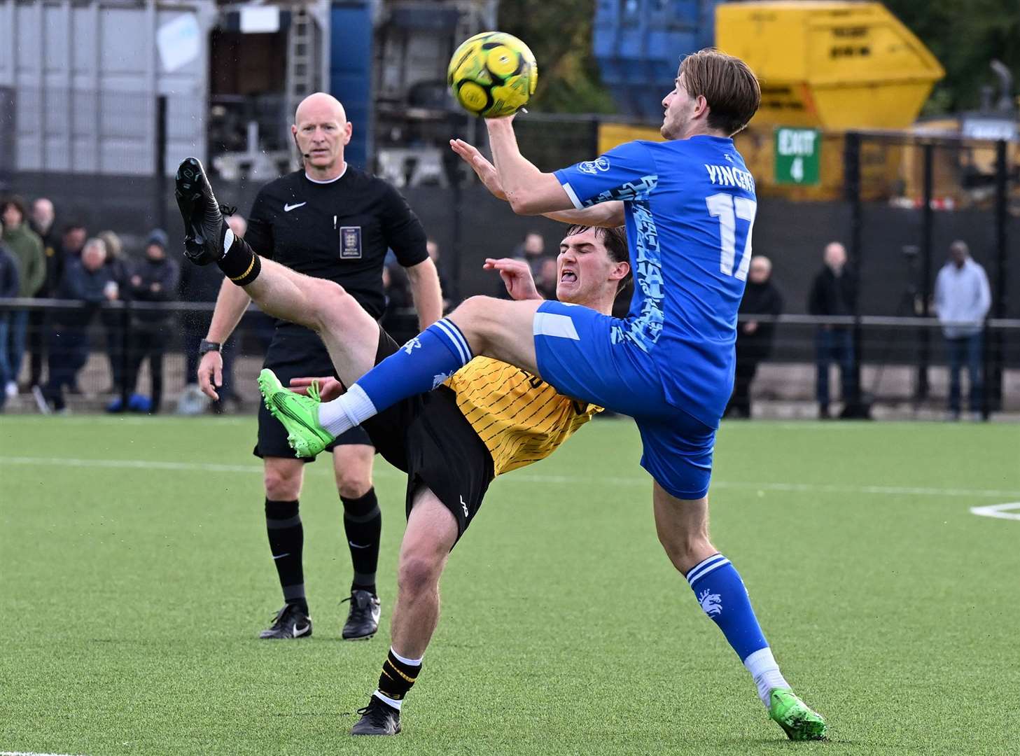 Tonbridge’s Liam Vincent in the thick of the action during their FA Cup fourth qualifying round tie at Cray Wanderers. Picture: Keith Gillard