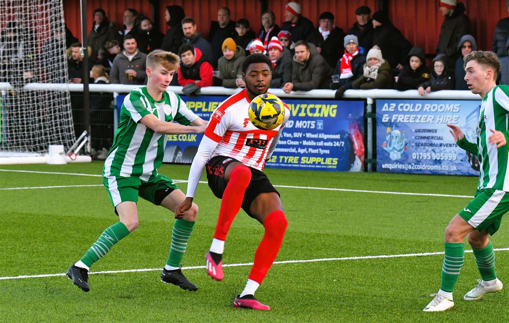 Sheppey’s Javaun Splatt holds the ball up against Chichester on Saturday Picture: Marc Richards