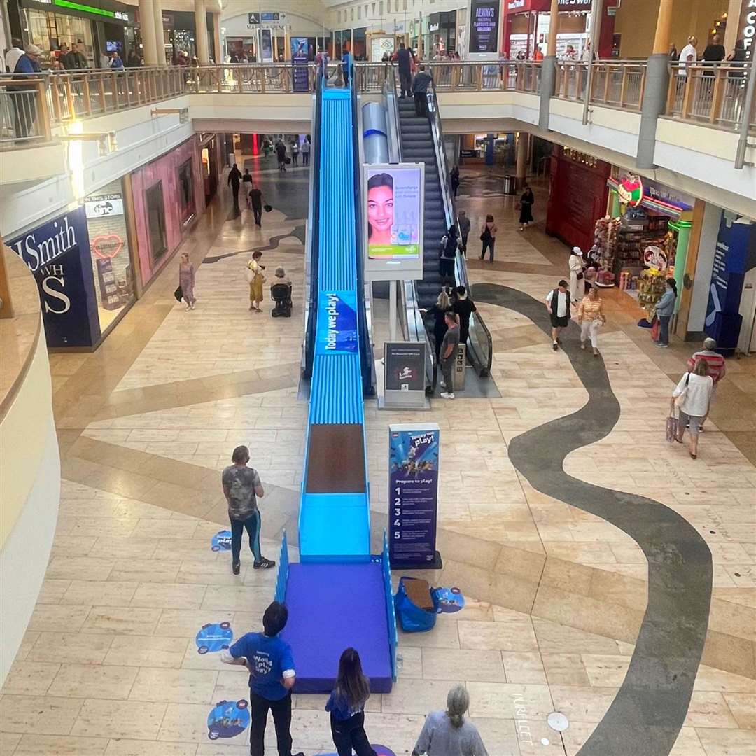 An escalator at Bluewater has been transformed into a slide by Lego. Picture: Bluewater