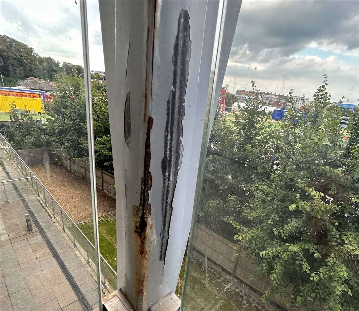 The corner of a balcony at one of the complexes in Eaton Place, Margate