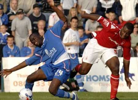 Guylain Ndumbu-Nsungu goes down under challenge from Wes Morgan, but nothing was given. Picture: GRANT FALVEY