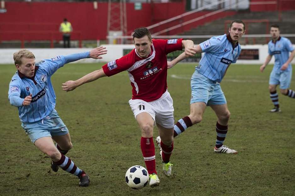 Ebbsfleet's Tom Phipp takes on the Gateshead defence last season