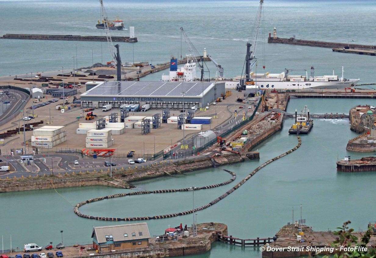 Work is underway to infill parts of the Western Docks at Dover to make room for EES processing. Picture: Dover Strait Shipping - FotoFlite