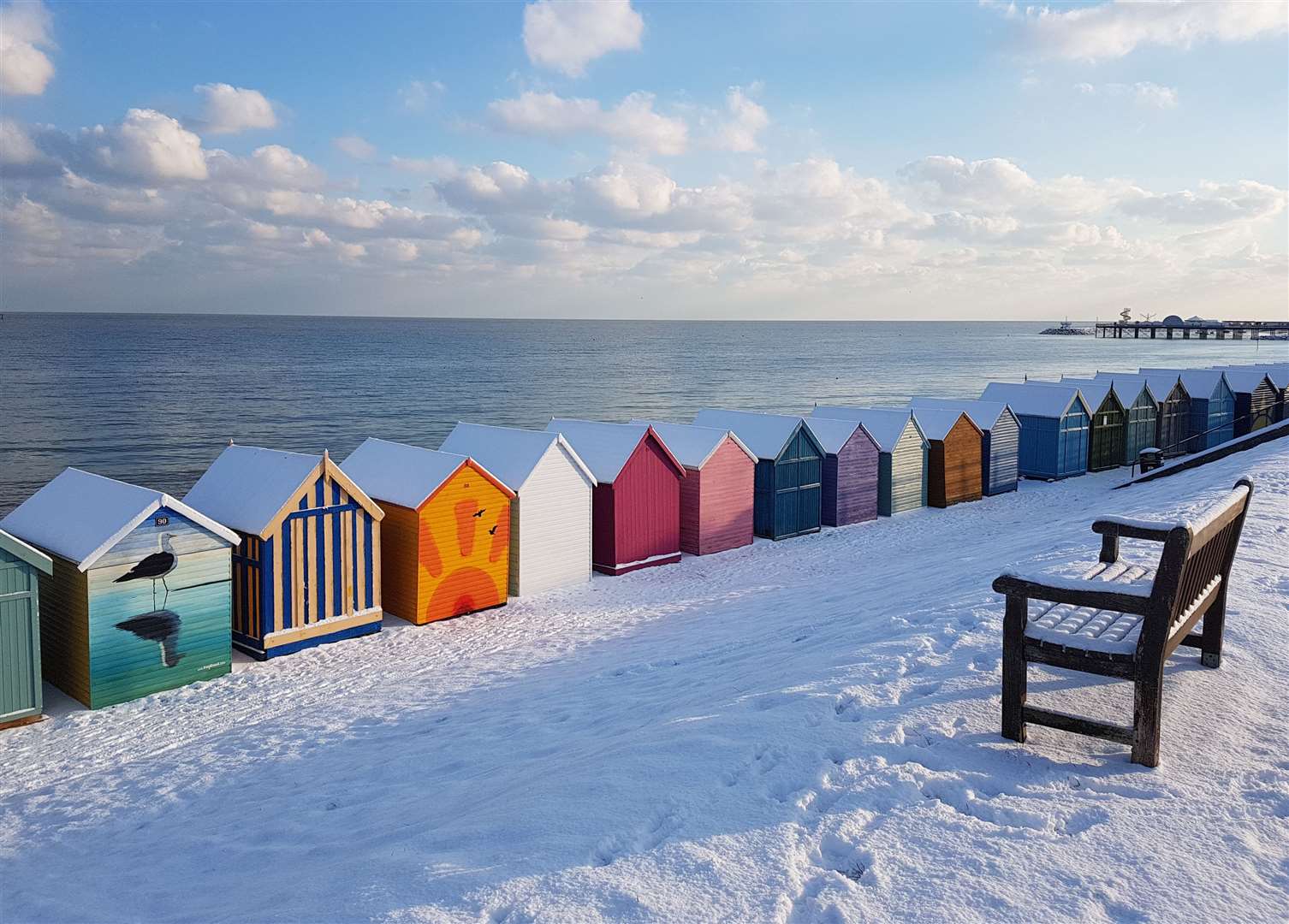 Beach huts in the snow in Herne Bay in 2018