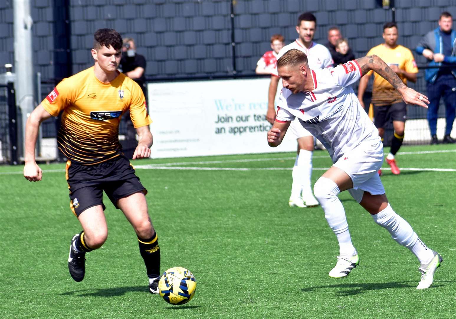 Ramsgate’s Lee Martin, right, gets stuck in against Littlehampton on Saturday. Picture: Randolph File