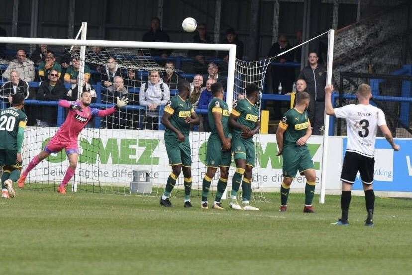 Bobby-Joe Taylor's free-kick is on its way into the net to put Dover ahead against Notts County last season. The two sides meet on October 3 this time around.