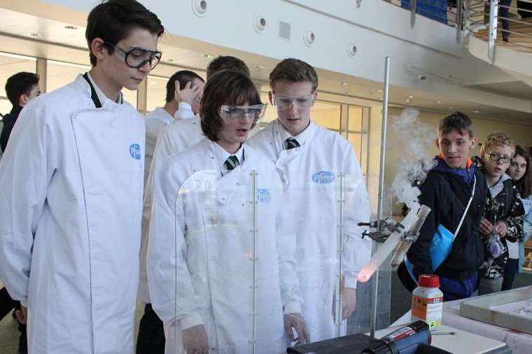 Students taking part in experiments at the Big Bang show at Discovery Park, Sandwich